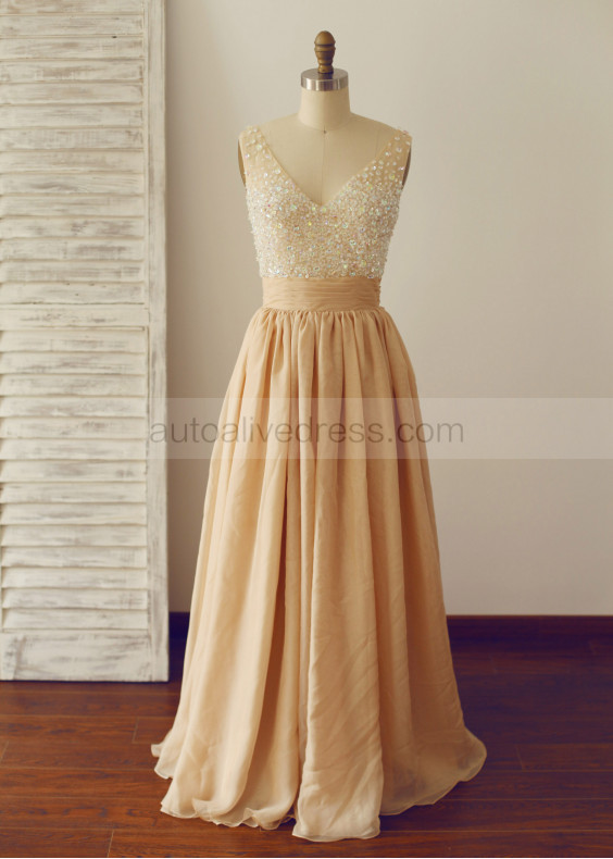 Champagne Chiffon Deep V Neckline Beading Prom Dress